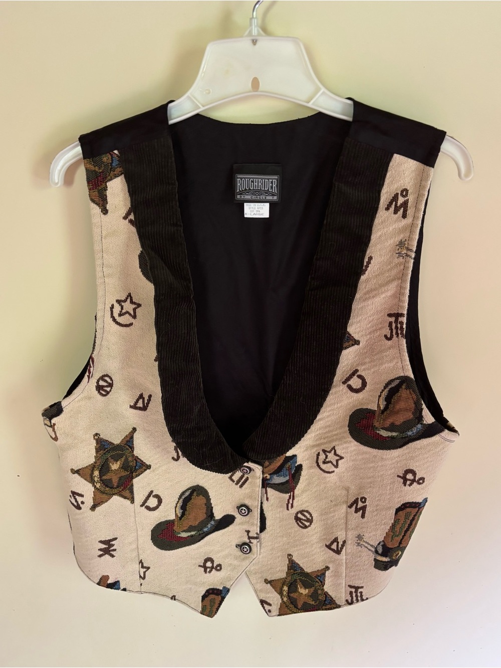 VTG ROUGHRIDER by Circle T Tapestry Vest Brown Corduroy Trim USA Made Woman XL